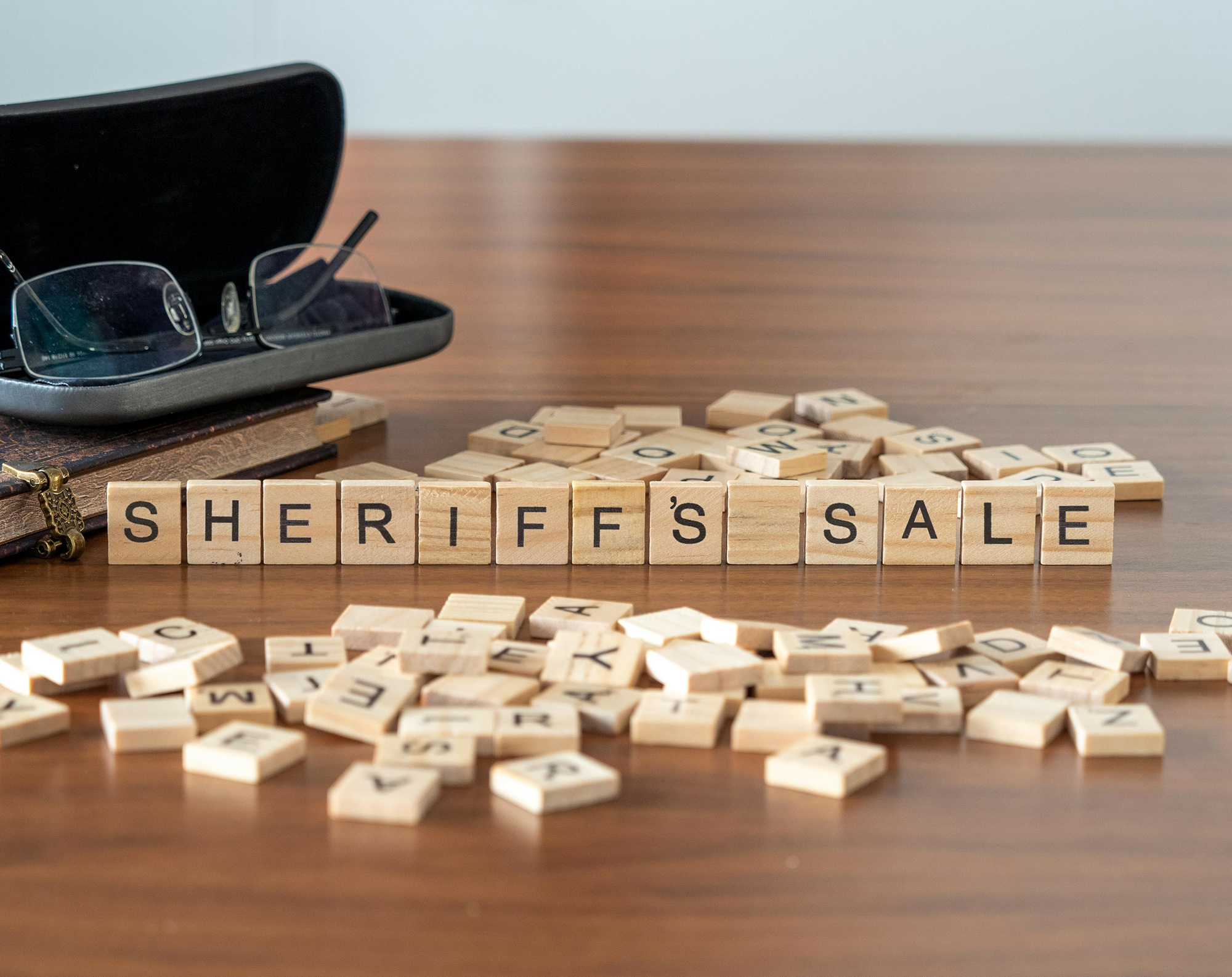 sheriff's sale word or concept represented by wooden letter tiles on a wooden table with glasses and a book